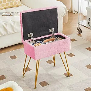 Vanity Stool with Storage, Sherpa Makeup Chair with Metal Legs, Upholstered Ottoman Seat for Bedroom, Living Room, Pink