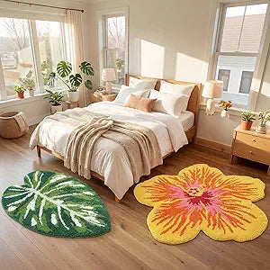 Breling 2 Pcs Cute Bathroom Rugs 23.5" x 31.5" Monstera Bath Mat and 39" x 39" Hibiscus Flower Bedroom Rug Non Slip Washable Cute Summer Mat for Home Bathroom Living Room Decoration