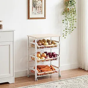 JAQ Slide Out Fruit Vegetable Basket for Kitchen, 4-Tier Rolling Storage Cart with Wooden Handle & Top, Metal Wire Produce Rack for Pantry Organization, Onion Potato Storage Bins for Small Space,White