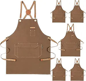 Genixart 6 Bulk Pack Chef Apron for Men Women with Pockets, Cross Back Apron for Kitchen Cooking Baking Artist Painting, Cotton Canvas Work Aprons for Restaurant, Cafe Shop, Garden (Brown, M to XXL)
