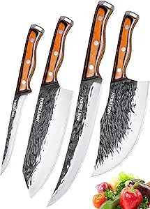 Naitesen 4PCS Hand Forged Butcher Knife and Kitchen Knife 2 in 1 Set, Heavy Duty Meat Cleaver Serbian Chef Knife Breaking Knife Boning Knife for Meat Cutting BBQ Gifts for Men Women