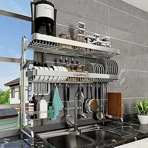 Loyalfire Over Sink Dish Drying Rack, 3 Tier Adjustable Length (20.87'' to 37.6'') Full Stainless Steel Large Storage Kitchen Dish Rack, Expandable Drainer Shelf Rack with Multifunctional Organizers
