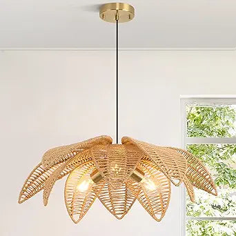 24 Floral Rattan Chandeliers Lights Fixture for Dining Room, 3-Light Large Farmhouse Boho Pendant Lights Fixture, Hanging Hand Woven Wicker Ceiling Lights for Kitchen Island Bedroom Living Room