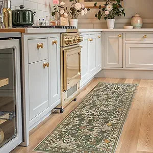 jinchan Eden Floral Washable Runner Rug 2x6 Vintage Hallway Rug Non-Slip Lightweight Soft Thin Kitchen Low Pile Distressed Orange Green Carpet for Bathroom Laundry Room Bedroom Entryway