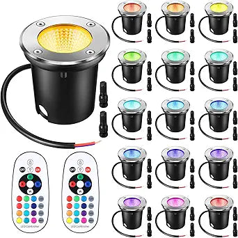 Tuanse 16 Pack Low Voltage Landscape Lights with 32 Connectors and 2 Remotes, RGBW Colored LED Well Lighting 12V-24V Waterproof Outdoor In Ground Lights for Garden Pathway Deck