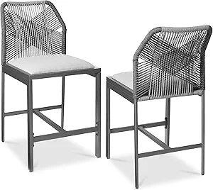 Best Choice Products Indoor Outdoor Counter Height Bar Stools Set of 2, Armless Kitchen Counter Stools w/Back and Footrest, Built-in Cushion, Aluminum Frame - Charcoal/Graphite