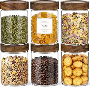CONNOO 28oz Glass Storage Jars with Wood Lids (6-Pack)  Includes 120 Pre-Printed Waterproof White Kitchen Labels  Airtight Pantry Containers for Rolled Oats, Pasta & Cereals