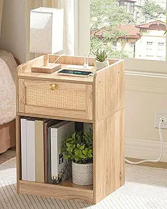 CHOEZON Nightstand with Charging Station, Side Table with Rattan-Style Drawer and Storage Shelf, Modern Rattan Night Stand with 2 USB Ports, Boho End Table Bedside Table for Bedroom, Natural MBZ01UWO