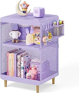 SYKIARIOL Kids Nightstand for Girls, Metal Bedside Table with 4 Hooks & Hanging Basket, 3-Tier Storage Shelf, Toddler Night Stand for Bedroom, Purple