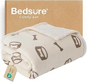 Bedsure Waterproof Dog Blankets for Large Dogs - Soft Print Sherpa Fleece Pet Cat Blanket Washable for Couch Bed Protection, Cozy Plush Reversible Throw Furniture Protector, 50"x60", Beige
