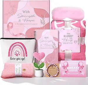9 Pcs Breast Cancer Survivor Gifts for Women, Get Well Soon Cancer Awareness Accessories Gift with Coral Fleece Blanket Care Package for Her, Sister, Mom, Best Friends (Pink)