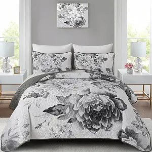 WONGS BEDDING Grey Boho Floral Quilt Set King, 3 Pieces Elegant Gray Flower Bedspread Coverlet Set for All Season with 2 Pillow Shams, Farmhouse Lightweight Reversible Bedding Set 104"X90"