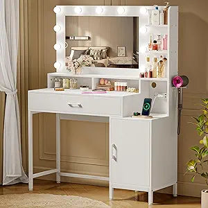 Driftalia Vanity Desk with Mirror and Lights, Makeup Vanity with Storage Drawer, Power Outlet and Large Cabinet for Bedroom - White
