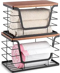 ALOCEO 2 Pack Stackable Storage Bins with Lids, Stainless Steel Extra Large Trash Bag Dispenser Roll Holder for Kitchen Sink, Laundry, Pantry Organizer and Storage, Walnut Black