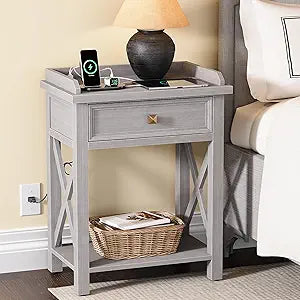 karlott 28" Nightstand with Charging Station, Wood Night Stand with Pre-Assembled Drawer, Painted Bedside Table with Storage Shelf, Farmhouse End Side Table for Bedroom, Living Room, Grey