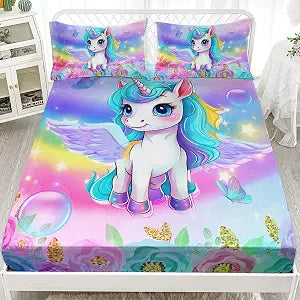 Kid Unicorn Fitted Sheet Set Queen Size Rainbow Flower Star Pattern Kid Bed Sheet Cute Unicorn Butterfly Bedding Set for Boys Girls Includes 1 Fitted Sheets & 2 Pillowcases No Flat Sheet