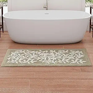 Madison Park Serene 100% Cotton Tufted Bathroom Rug - High & Low Tufting Floral Leaf Design, Quality Luxurious Plush Medium Pile Bath Mat Absorbent, Quick Dry, Shower Room Dcor, 24x60 Taupe