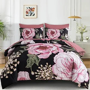 Luxudecor Floral Queen Comforter Set 7 Pieces Bed in a Bag, Pink Flower Print on Black Bedding Set, Soft Reversible Comforter with Sheet Set 90"x90"