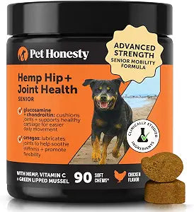Senior Hemp Hip and Joint Supplement for Dogs - Glucosamine Chondroitin, MSM & Green Lipped Mussel - Relief for Joint Stiffness, Advanced Strength Mobility Support for Senior Dogs (Chicken, 90 Ct)