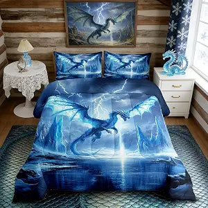 Manfei Dragon Comforter Set Queen Size,Mystic Western Animal Gothic Blue Bedding Set 3 Pcs for Teens Adults,3D Lightning Sky Antarctic Glaciers Ice Lake Down Comforter,2 Pillowcases
