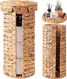 Wicker Toilet Paper Holder with Lid, Woven Paper Roll Holder Boho Rattan Toilet Papers Roll Stand for Bathroom Organizer and Storage Farmhouse Tissue Storage for 3 Mega Rolls(Water Hyacinth)