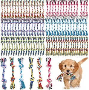 RoundFunny 100 Pcs Knot Rope Dog Toys Multi Color Puppy Chew Toy Cotton Puppy Dental Teething Toys 2 Knot Dog Tug for Small and Medium Dogs Aggressive Chewers Supplies