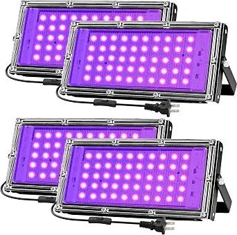 iCreating 50W Black Lights for Glow Party Indoor Strong High Power Black Light Flood Light 395nm UV Blacklight Floodlight Purple BlackLights Spotlight Fluorescent UV Lights for Halloween (4 Pack)