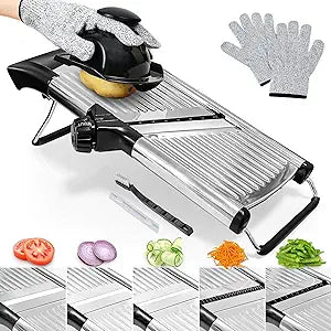Mandoline Slicer for Kitchen, Adjustable Stainless Steel Vegetable Slicer with Safety Gloves & Food Holder, Potato Onion Tomato Julienne Cutter, Non-Slip Manual Mandolin-3