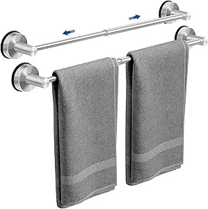 Adjustable Suction Cup Towel Bar for Bathroom Wall, 14.624 Inches Brushed Nickel Towel Bar, Stainless Steel Bath Towel Holder, Towel Racks for Bathroom Shower (Brushed Nickel, 2 Pack)