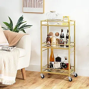 MAHANCRIS Bar Cart for The Home, 3-Tier Drink Cart on Wheels, Home Bar Serving Cart, Mini Bar Cart for Small Space, Kitchen, Dining Room, Gold RCJ40B01