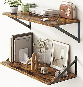 Deep Floating Shelves for Wall, 24"W x 10"D Wall Shelves Set of 2, 10 Inch Deep Floating Shelf with Brackets, Wide Display & Storage Shelves for Books, Living Room, Kitchen, Bathroom, Rustic Brown