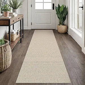 EARTHALL Woven Runner Rug 2x7 Ft Washable Runners for Hallways Cotton Non Slip Rubber Backed Kitchen Runner Braided Indoor Floor Carpet for Entryway, Hallway, Kitchen, Bedroom, Beige/Ivory