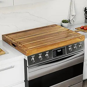 BLUEWEST Noodle Board Stove Cover with Handles, 3 in 1 Wood Stove Top Covers Board for Gas Burners and Electric Stove, Wooden RV Stovetop Cover, Tray for Kitchen Counter Space (Warm Acacia)