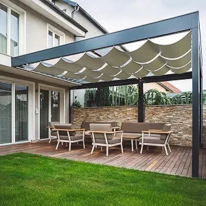 4.5'W X 12'L Waterproof Retractable Sun Shade Slide Flexible Canopy, Pergola Wave Awning Cover Silver Coated Polyester Fabric, Wave Sun Shade for Patio Garden Deck Trellis, Beige