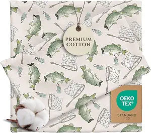 Pobibaby - Premium Twin Fitted Sheet, Flat Sheet with Pillow case - Ultra-Soft Cotton Blend, Stylish Woodland Pattern, Deep Pockets - Twins Sheets - 3 PC (Gone Fishing)
