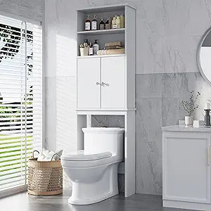 Extra Tall Over The Toilet Storage Cabinet for Bathroom, 75in Storage Organizer Over Toilet with Adjustable Shelf, Space Saver with Open Shelf, White
