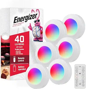 Energizer LED Puck Lights, 6 Pack, Color Changing, Battery Powered