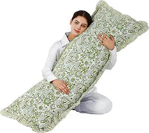 CPC Hand Block Print Agate Green Ruffle Sham Pillow Cover 54" x 20" inch Hidden Zipper Decorative Pillowcase for Couch, Bed, Sofa, Farmhouse, Cottagecore Decor Gift Spring, Mother's Day