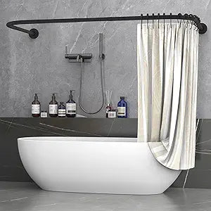 Curved Shower Curtain Rod for Bathroom, 2-in-1 U and L Shaped Shower Rod, 304 Stainless Steel Rustproof Bathtub Pole, Adjustable Corner Curtain Rail with 24 Hooks, Black