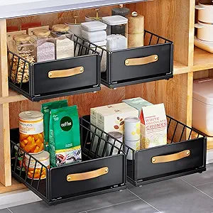 Pull out Cabinet Organizer,Heavy Duty Slide out Pantry Shelves Drawer Storage with Adhesive Nano Film,Sliding Mesh Cabinet Basket with Handle for Kitchen, Bathroom, Home, 9.8"W X 15.7"D X 6.2"H,Black
