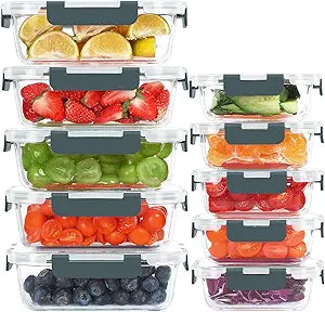 KOMUEE 10 Pack Glass Food Storage Containers, Meal Prep Containers with Lids, Airtight Glass Lunch Boxes, Freezer, Oven, and Microwave Safe