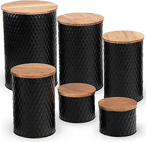 6 Canister Set for the Kitchen Countertop  Metal Food Storage Canisters with Airtight Lids for Flour, Tea, Crafts, Coffee, & Sugar  Container Set with Modern Wood Lids, Black