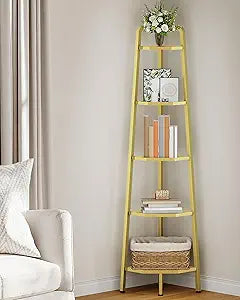 CHOEZON 5-Tier Corner Shelf, 59.6 Corner Storage Stand, Floorstanding Dispaly Rack, Tempered Glass Corner Bookshelf, Open Plant Stand, for Living Room, Bedroom, Study, Bathroom, Gold TCJ21GJ
