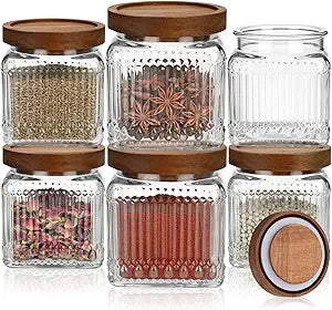 6 Pcs Vintage Glass Storage Jar with Lid 17 oz Glass Containers Stylish Ribbed Pattern Airtight Kitchen Jars Candy Jar for Food Cookies Candy Coffee Tea Beans Grains Storage
