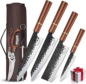 Huusk Japanese Knife Set 6pcs with Covers - Professional Chef Knife Set with Bag & Sharpener, High Carbon Steel Forged Knives Sets with Scissors, Japanese Kitchen Knives Sets, Christmas Gifts for Men