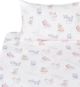 J-pinno Pink Kitty Sweet Cats Girls Kids Twin Sheet Set Bedroom Decoration Gift, 100% Cotton, Flat Sheet + Fitted Sheet + Pillowcase Bedding Set (Pink Kitty, Twin)