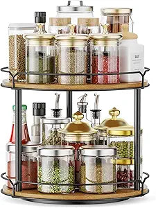 12.4" Lazy Susan Organizer 2 Tier, Rotating Spice Rack, Wooden Spinning Spice Holder for Inside Cabinet, Pantry, Kitchen, Countertop, Bathroom and Vanity, Versatile Storage