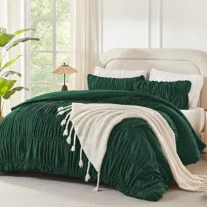 Andency Ruched Dark Emerald Green Twin Comforter Set, 2 Pieces Bedding Set