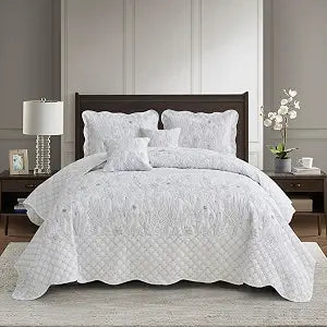 CHIXIN Botanical Oversized Bedspread King Size - Leaves Pattern Stitching Quilt Set - Elegant & Fresh Style Bedding Coverlets, Reversible, Lightweight, 5 Piece, White