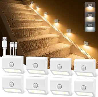 VOLISUN Rechargeable Motion Sensor Night Light, 3 Colors Temperature Stair Lights Indoor, Magnetic Portable Battery Night Light with Light Sensor for Hallway Bathroom Bedroom Closet White 8 Pack